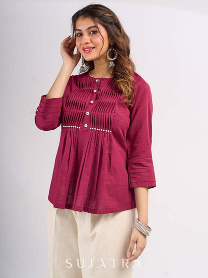 Wine Cotton Top with Pintuck Detail and Pearl Accents