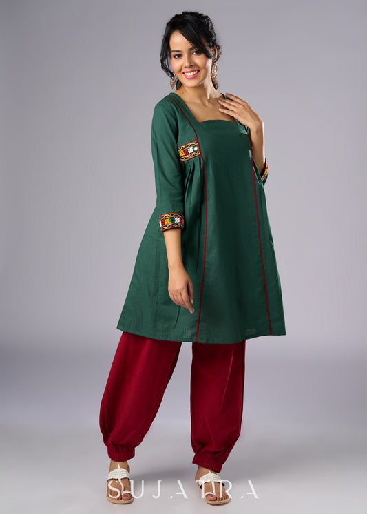 Beautiful Green Cotton Mirror Work Tunic -  Pant Additional