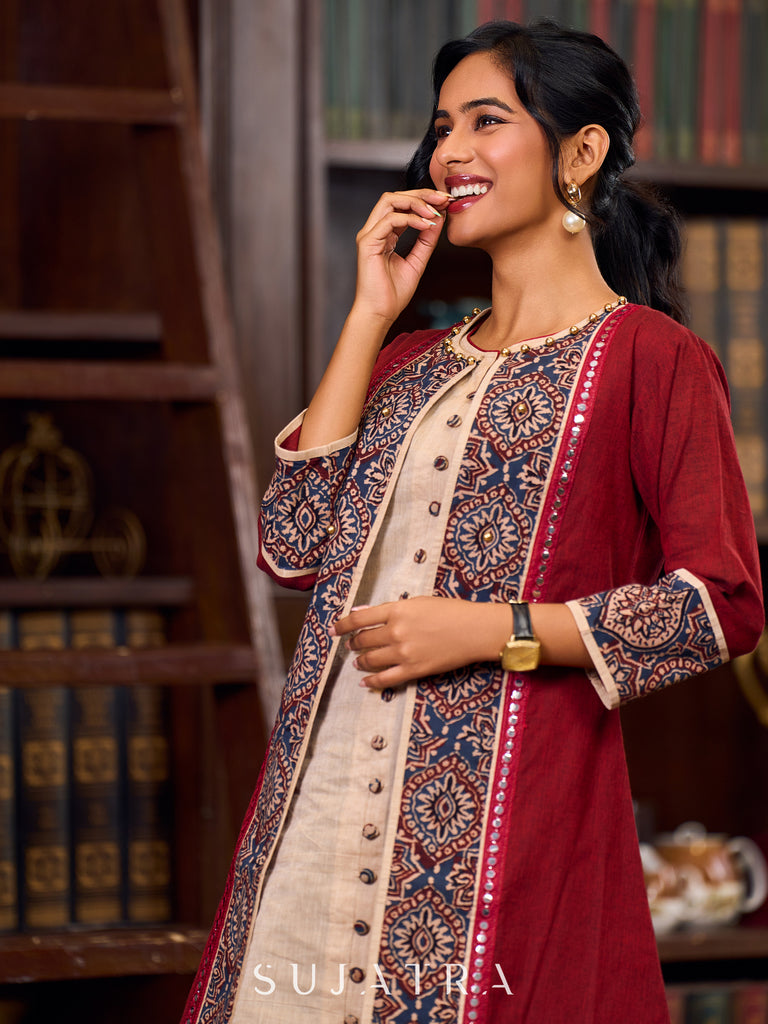 Handcrafted Maroon Handloom Cotton Jacket Adorned with Mirror Lace and Ajrakh Detailing