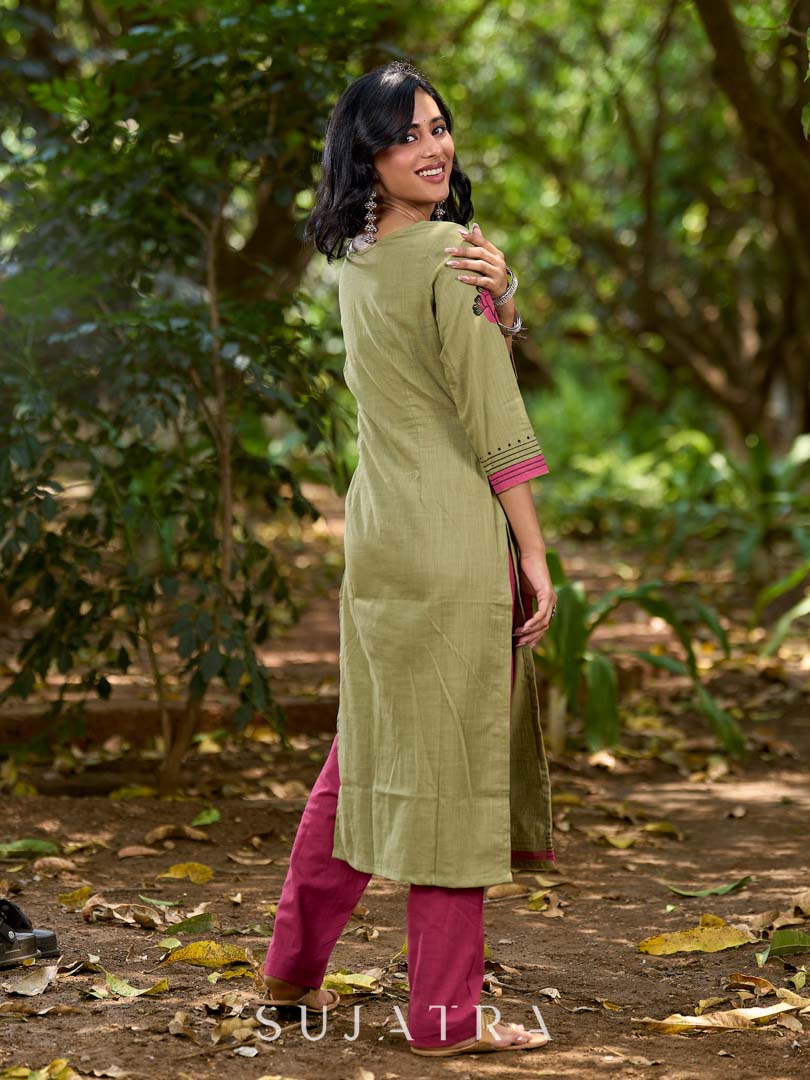 Radiant Mint Green Cotton Kurta with Minimal Floral Hand Block Motifs and Magenta Detailing