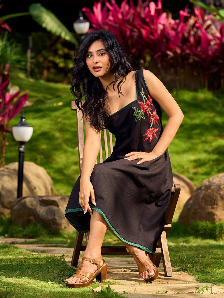 Chic Black Cotton Dress With Handcrafted Red Floral Applique And Contrast Green Detailing