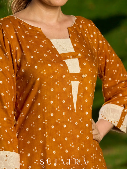 Mustard Bandhani Printed Viscose Kurta with Delicate Hakoba Accents