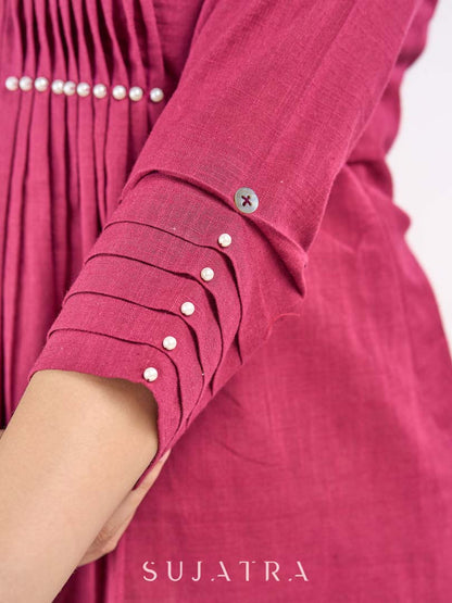 Wine Cotton Top with Pintuck Detail and Pearl Accents