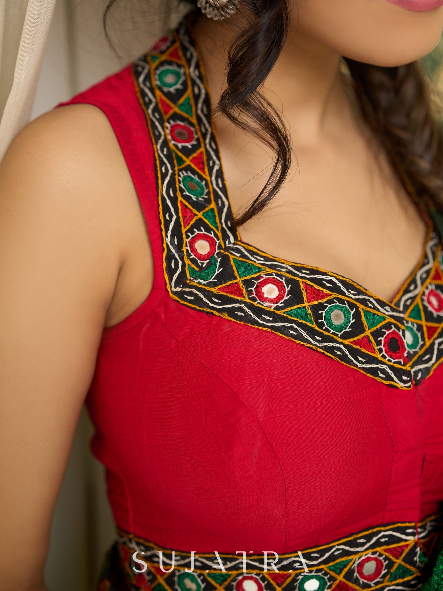 Vibrant Khun-Ajrakh fusion cotton saree with bold block prints and mirrorwork