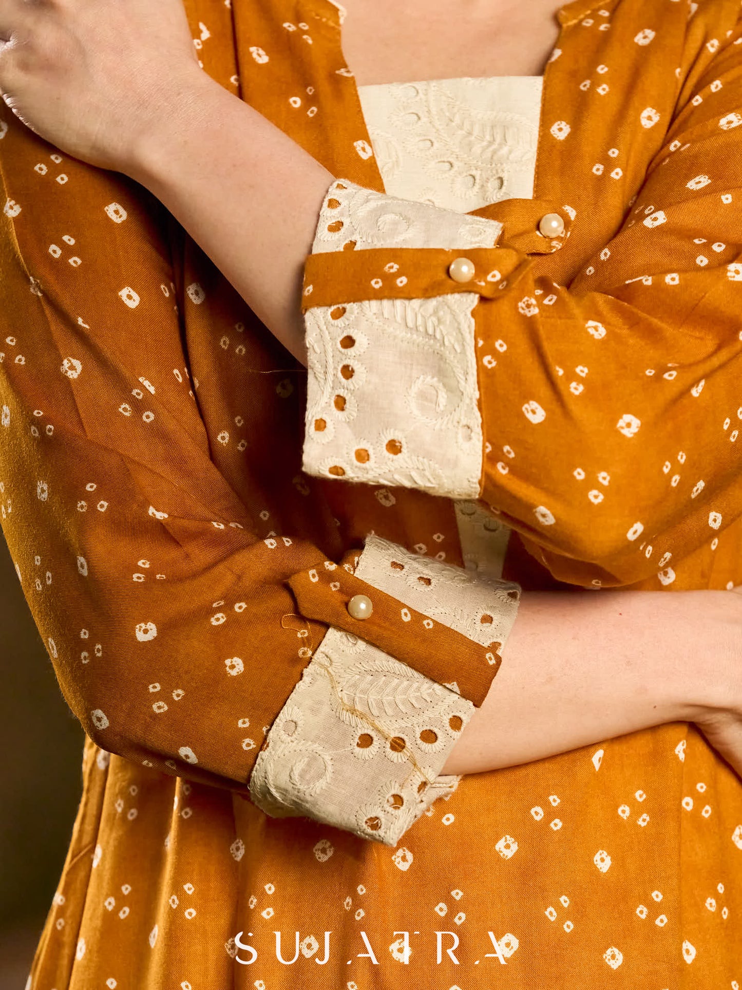 Mustard Bandhani Printed Viscose Kurta with Delicate Hakoba Accents