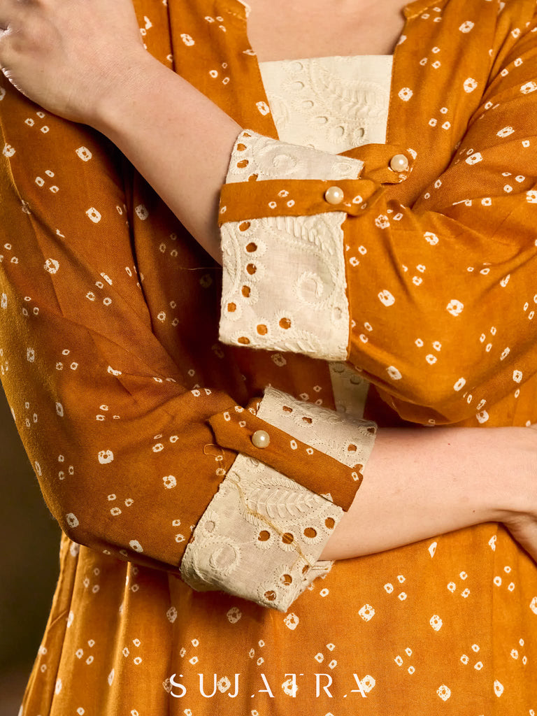 Mustard Bandhani Printed Viscose Kurta with Delicate Hakoba Accents