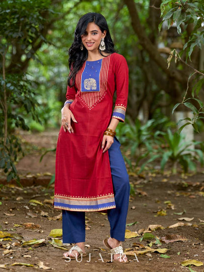 Heritage Maroon Cotton Kurta with Traditional Temple Hand Block Print