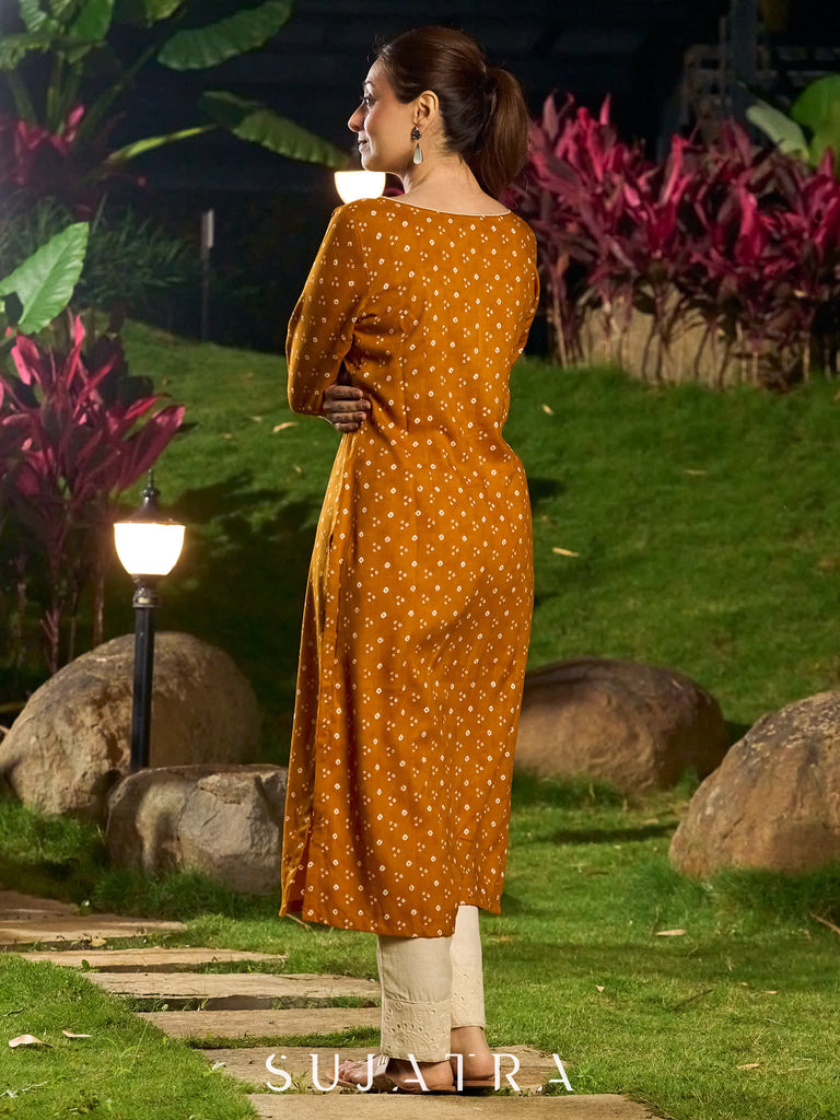 Mustard Bandhani Printed Viscose Kurta with Delicate Hakoba Accents