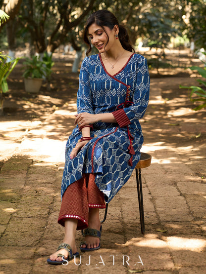 Indigo Bliss Handblock Angarkha Style Kurta with Geometric Print, Contrast Ajrakh Border & Tassel Tie-Up Detailing