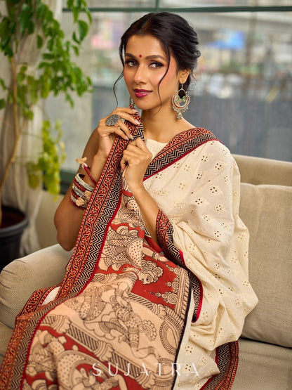 Elegant White Hakoba Cotton Saree with Rust-Red Kalamkari Print & Ajrakh Chevron Border