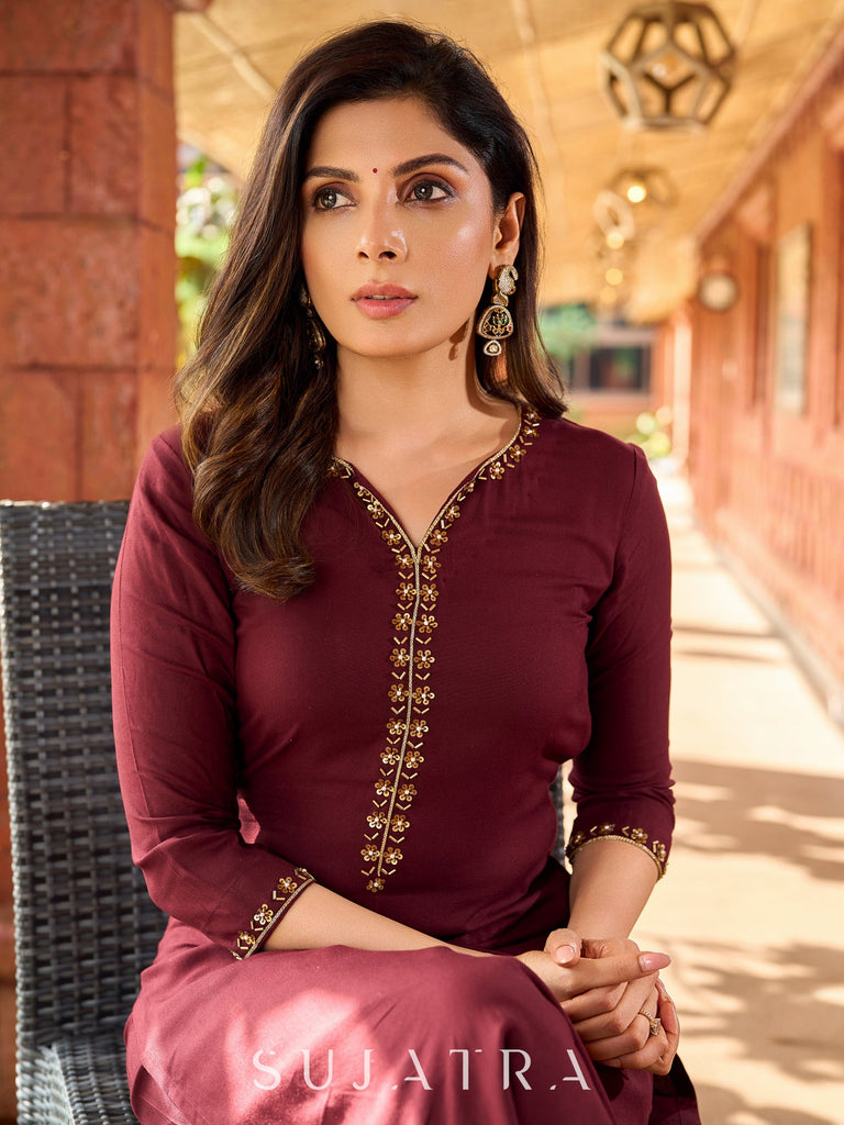 Beautiful hand embroidery Rich dark brown rayon kurta -palazzo optional