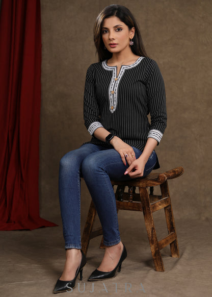 Casual Black Line Ikkat Combination Top