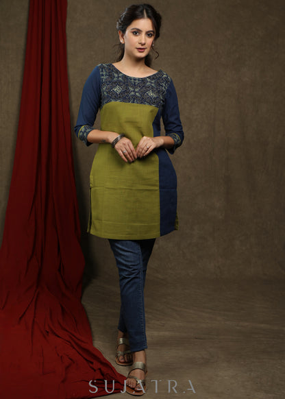 Stylish olive green cotton with ajrakh combination tunic
