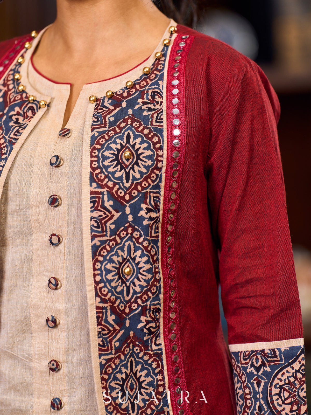 Dussehra Sale — Maroon Handwoven Cotton Jacket With Ajrakh Detailing And Intricate Mirror Lace Trims - Ajrakh dress Optional