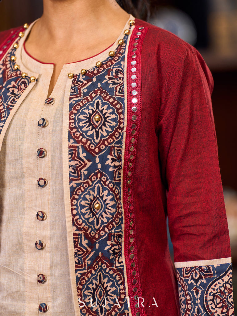 Handcrafted Maroon Handloom Cotton Jacket Adorned with Mirror Lace and Ajrakh Detailing