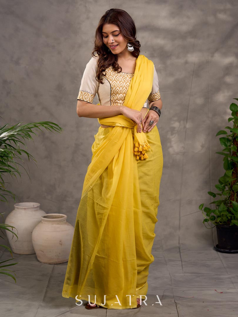 Off White and Mustard Elbow Sleeve Blouse with Contrast Piping and Hand Painted Gond Art on Back