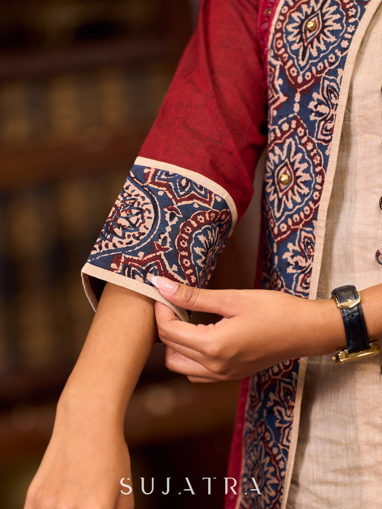 Handcrafted Maroon Handloom Cotton Jacket Adorned with Mirror Lace and Ajrakh Detailing