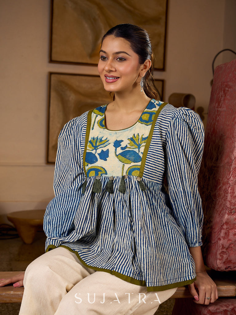 Exquisite Indigo Striped Top with Dramatic Puffy Sleeves, Contrasting Yoke & Tassel Embellishments