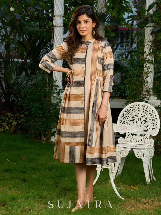 Minimalist Ecru Mul Cotton Subtle Printed Button Up Pleated Dress