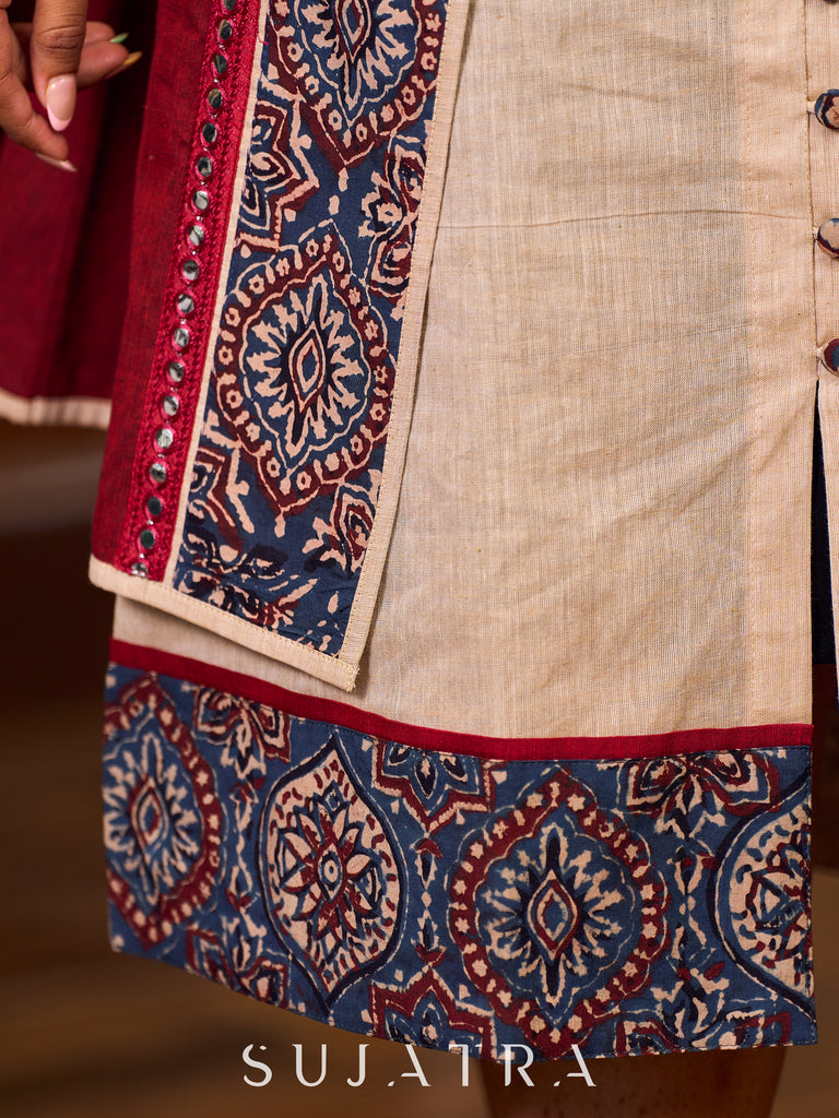 Handcrafted Maroon Handloom Cotton Jacket Adorned with Mirror Lace and Ajrakh Detailing