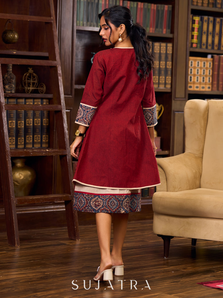 Handcrafted Maroon Handloom Cotton Jacket Adorned with Mirror Lace and Ajrakh Detailing