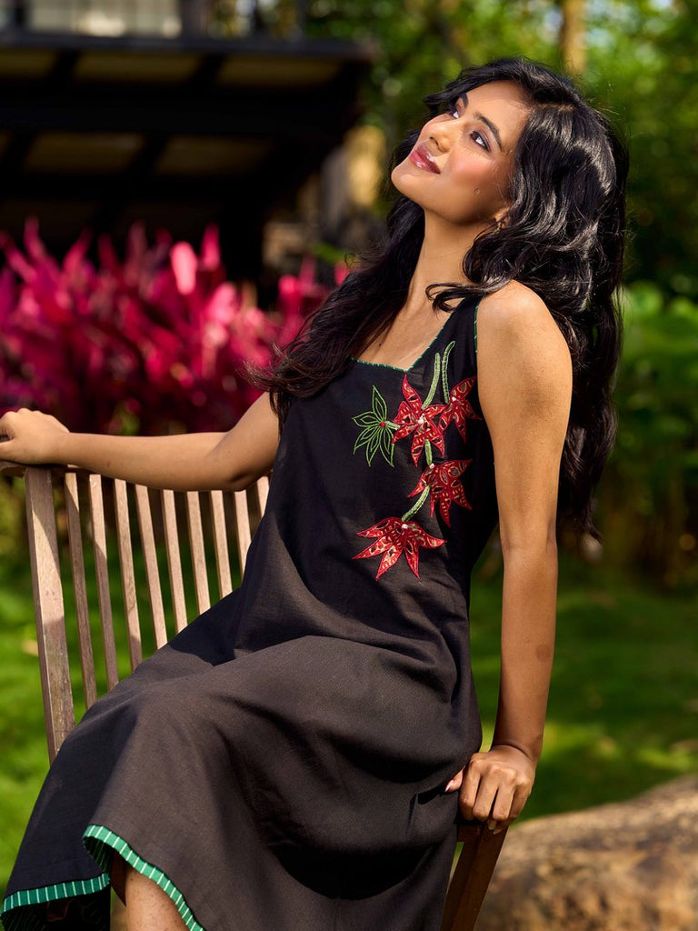 Chic Black Cotton Dress With Handcrafted Red Floral Applique And Contrast Green Detailing