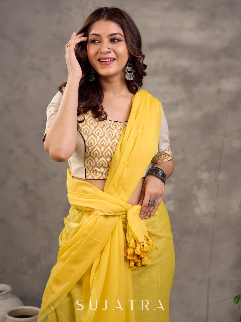 Off White and Mustard Elbow Sleeve Blouse with Contrast Piping and Hand Painted Gond Art on Back