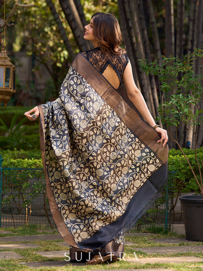Elegant Ivory and Charcoal Pure Tussar Silk Saree With Kalamkari Inspiration Featuring Leaf Motifs and a Refined Jari Border