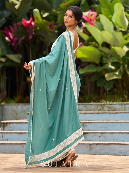 Vibrant Sea Green Modal Saree with Ivory Chevron Border & Minimal Hand Embroidery