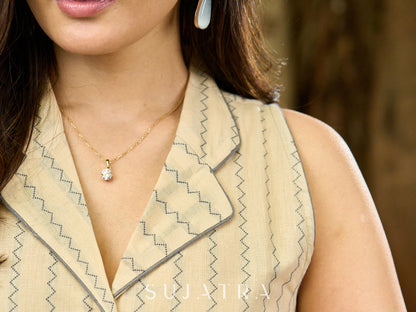 Dussehra Sale — Off-White Sleeveless Jamdani Weave Dress with Zigzag Design and Lapel Neckline