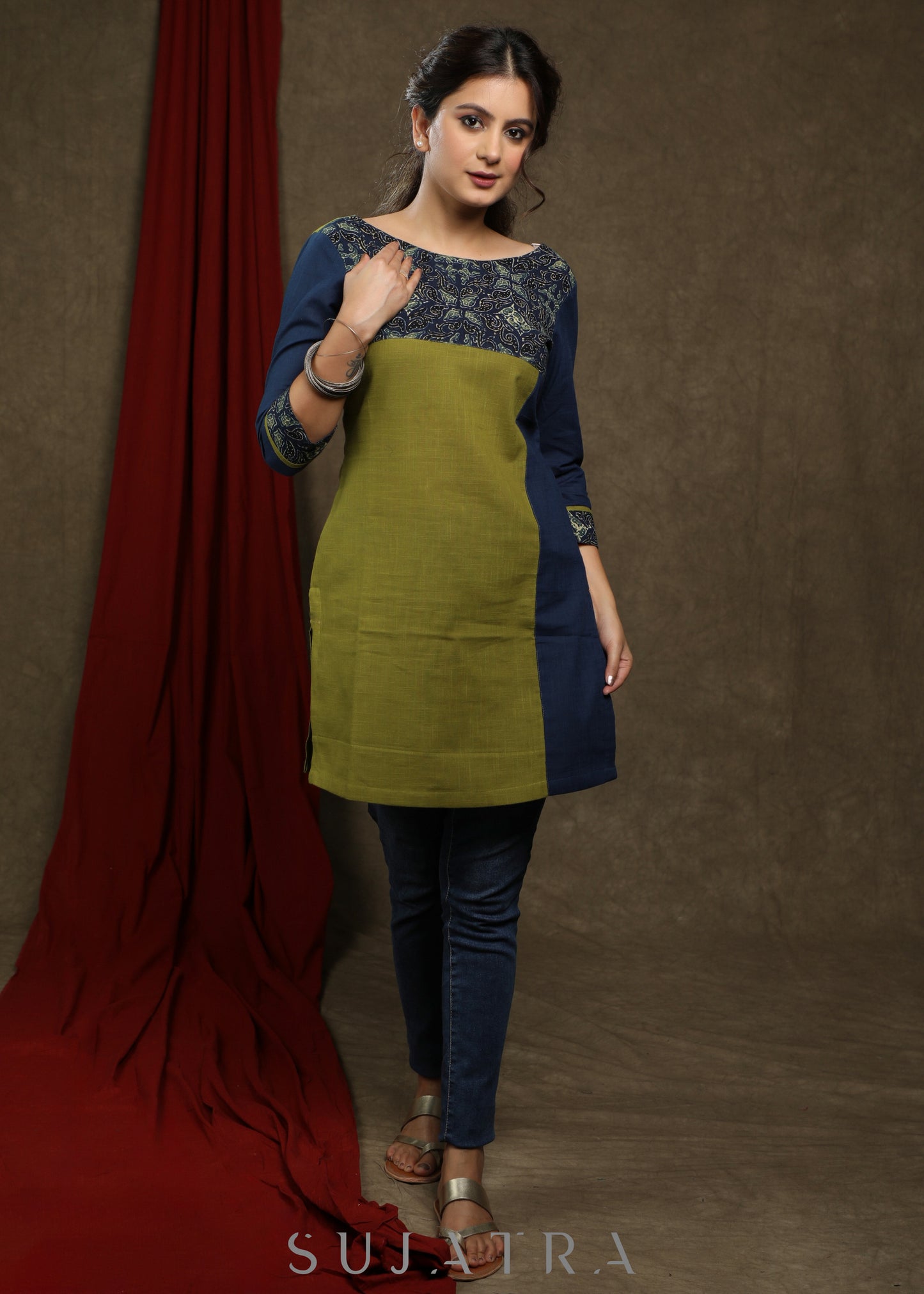 Stylish olive green cotton with ajrakh combination tunic