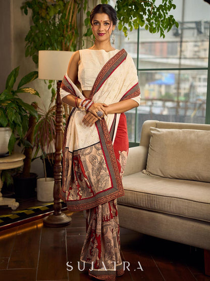 Elegant White Hakoba Cotton Saree with Rust-Red Kalamkari Print & Ajrakh Chevron Border