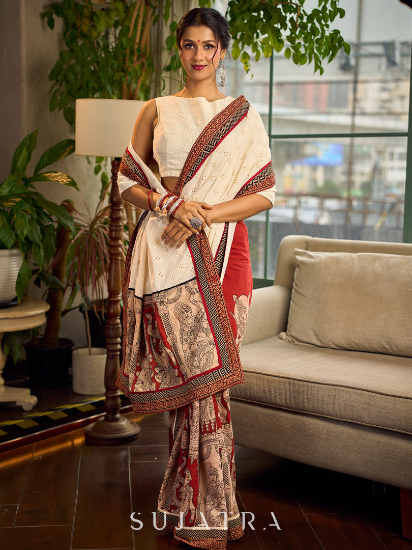 Elegant White Hakoba Cotton Saree with Rust-Red Kalamkari Print & Ajrakh Chevron Border