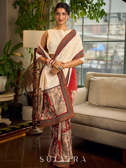Elegant White Hakoba Cotton Saree with Rust-Red Kalamkari Print & Ajrakh Chevron Border
