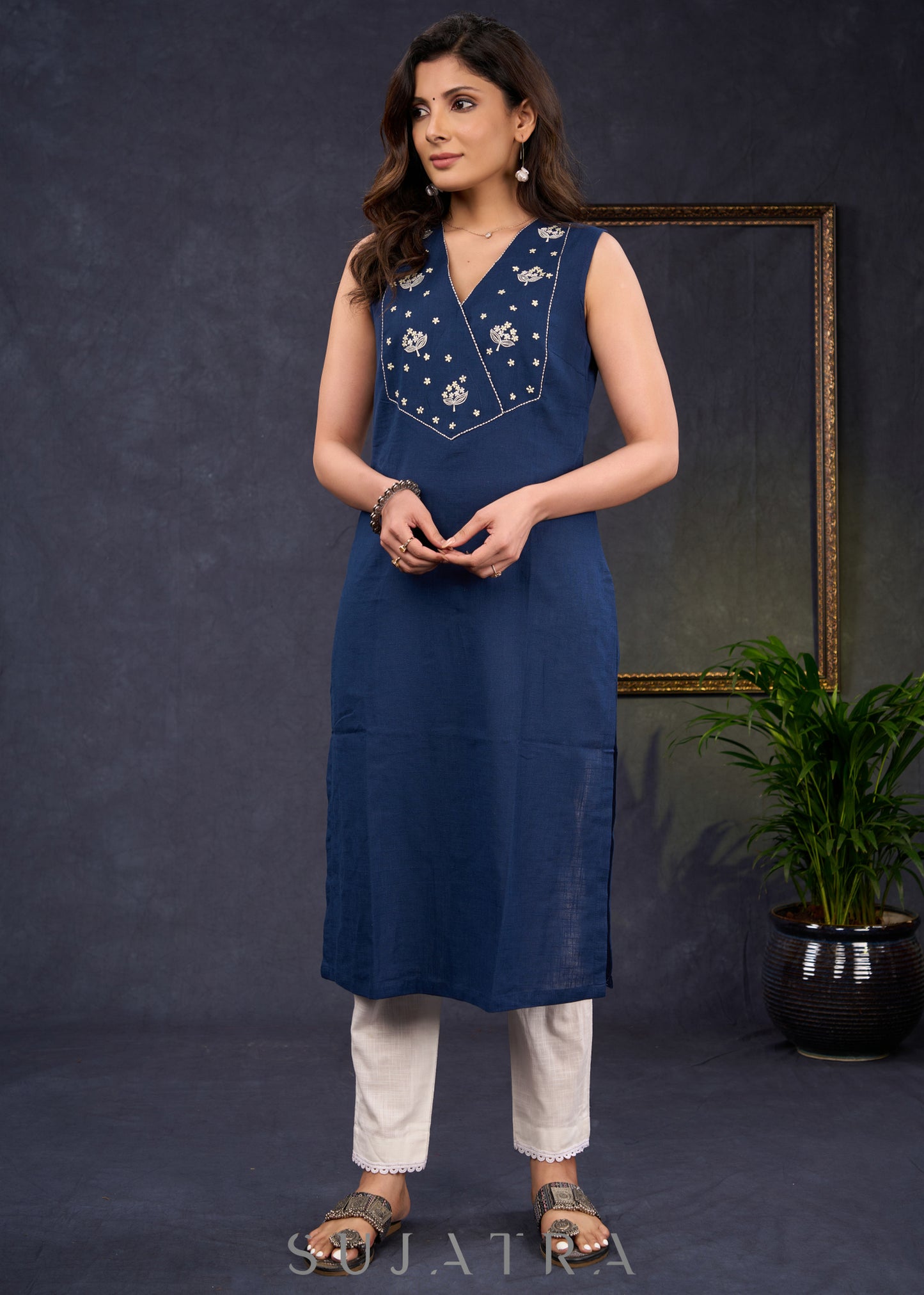 Graceful-Navy-Blue-Cotton-Sleeveless-Kurta-With-Beautiful-Floral-Embroidery-On-The-Yoke--Pant-Optional