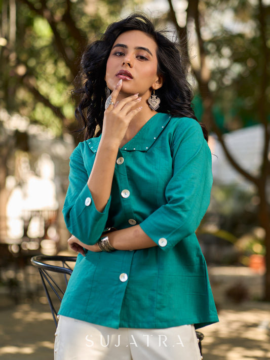Peacock Green Cotton Shirt Featuring Bold Statement Collar