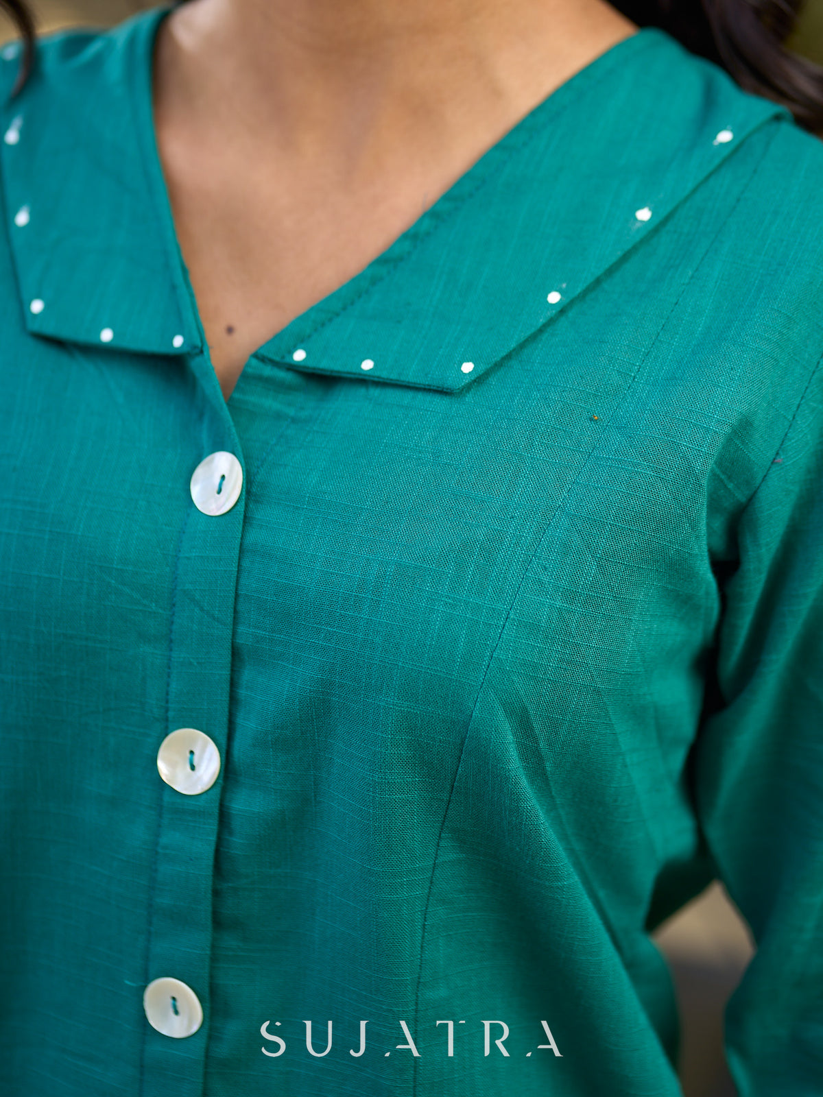 Peacock Green Cotton Shirt Featuring Bold Statement Collar