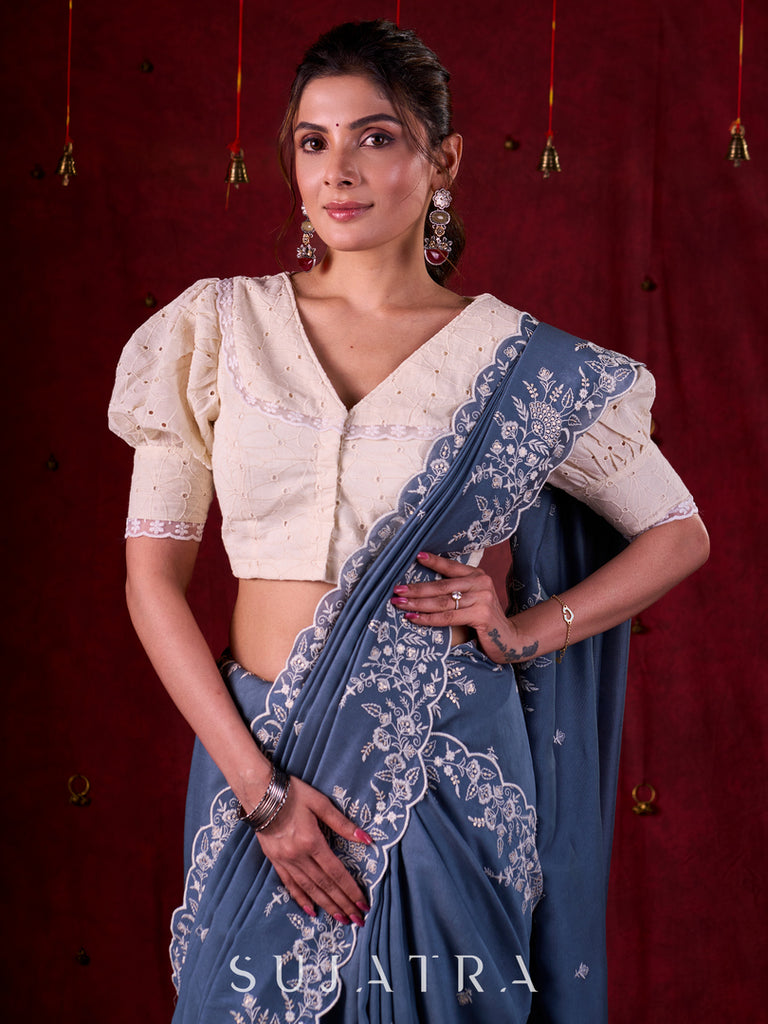 Smokey Grey Chanderi Saree with All-Over Butta Work & Exquisite Scalloped Embroidery