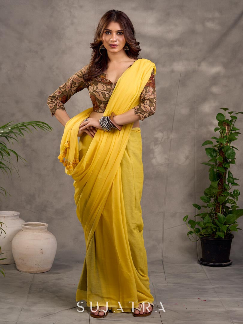 Earthy Beige Kalamkari Printed 3/4th Sleeve Blouse with Scalloped V Neckline