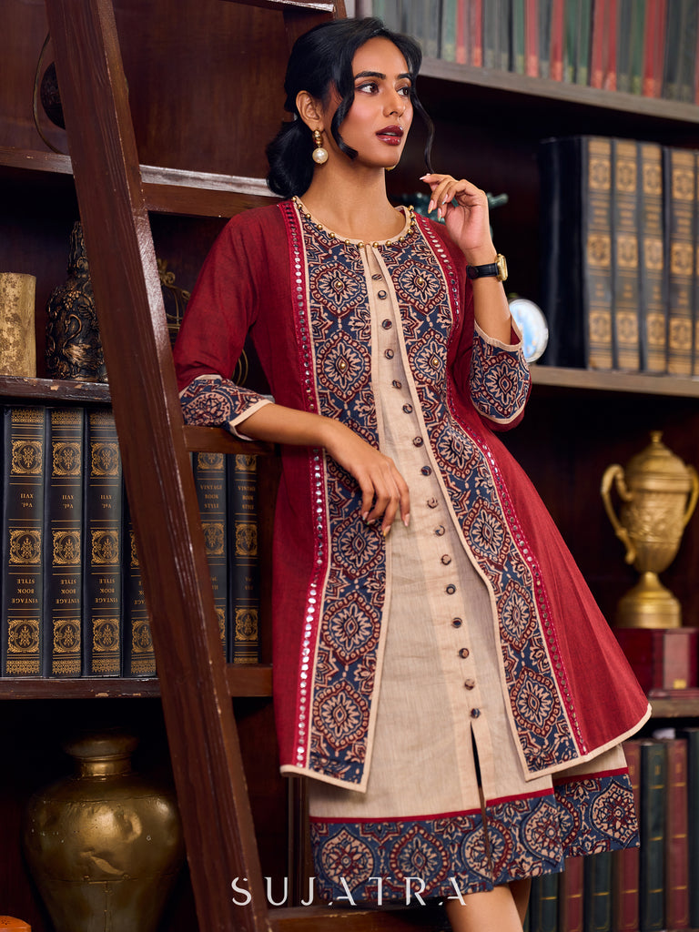 Handcrafted Maroon Handloom Cotton Jacket Adorned with Mirror Lace and Ajrakh Detailing