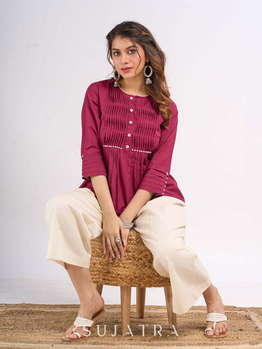 Wine Cotton Top with Pintuck Detail and Pearl Accents
