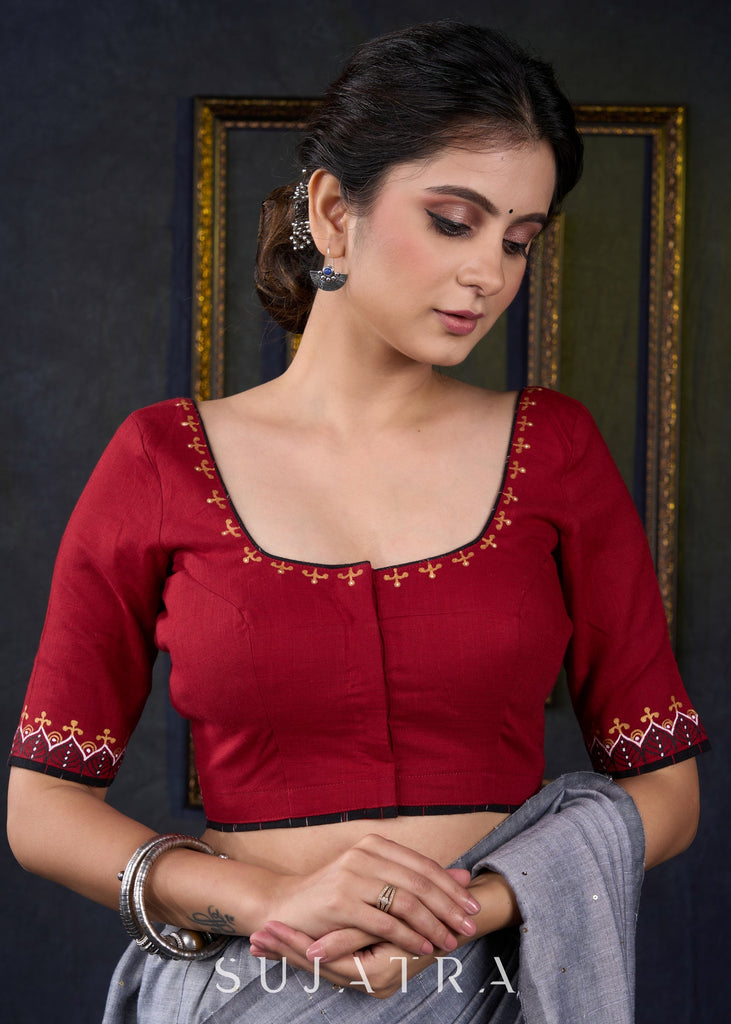 Traditional Gond Hand Painted Maroon Cotton Blouse