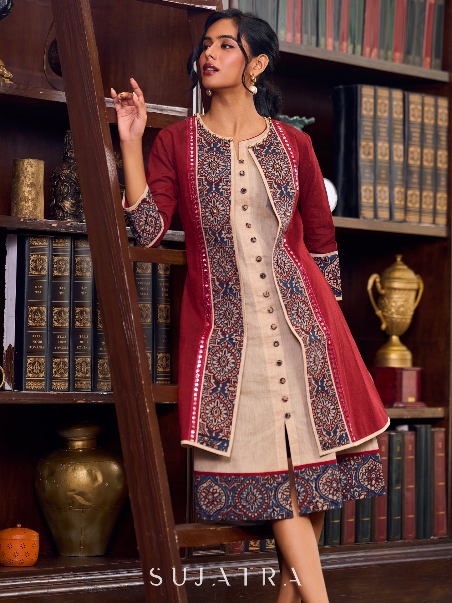 Handcrafted Maroon Handloom Cotton Jacket Adorned with Mirror Lace and Ajrakh Detailing