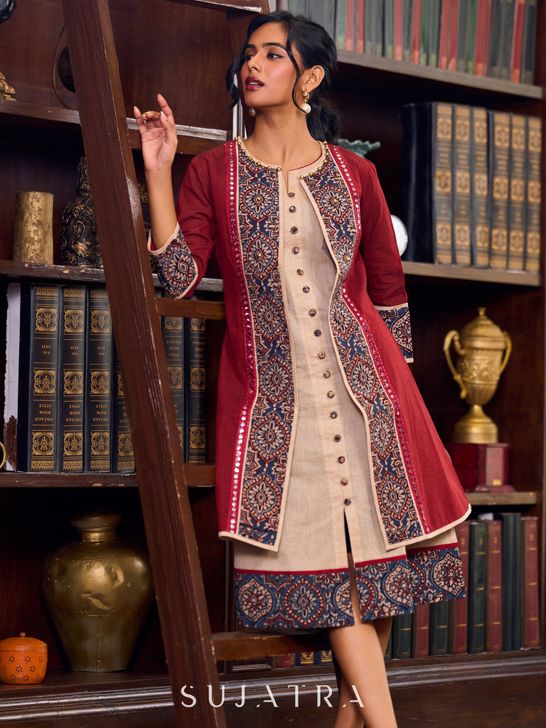 Elegant Beige Sleeveless Dress with Traditional Ajrakh Details - Jacket Optional