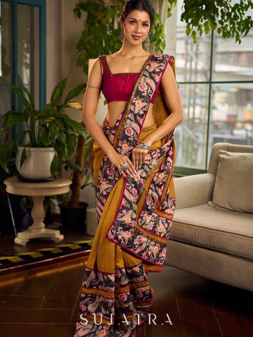 Cultural Mustard Cotton Saree with Kalamkari Floral Printed Border & Pallu & Gold Lace Trim