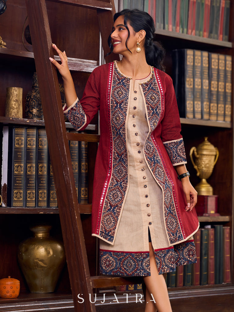 Maroon Handwoven Cotton Jacket With Ajrakh Detailing And Intricate Mirror Lace Trims