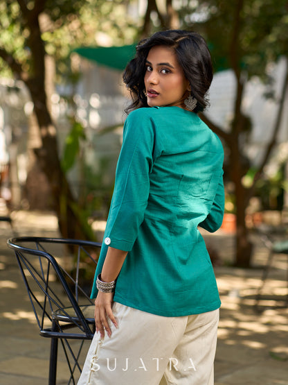 Peacock Green Cotton Shirt Featuring Bold Statement Collar
