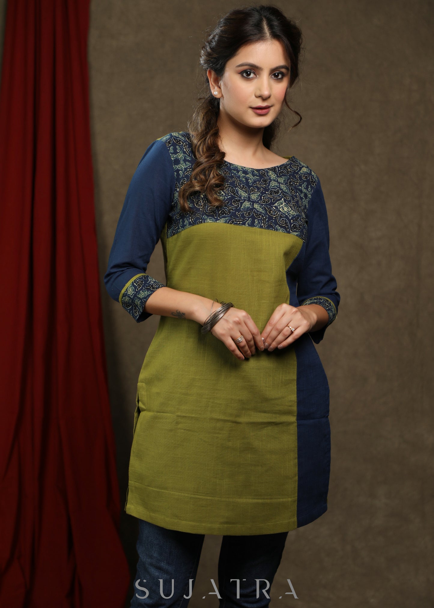 Stylish olive green cotton with ajrakh combination tunic