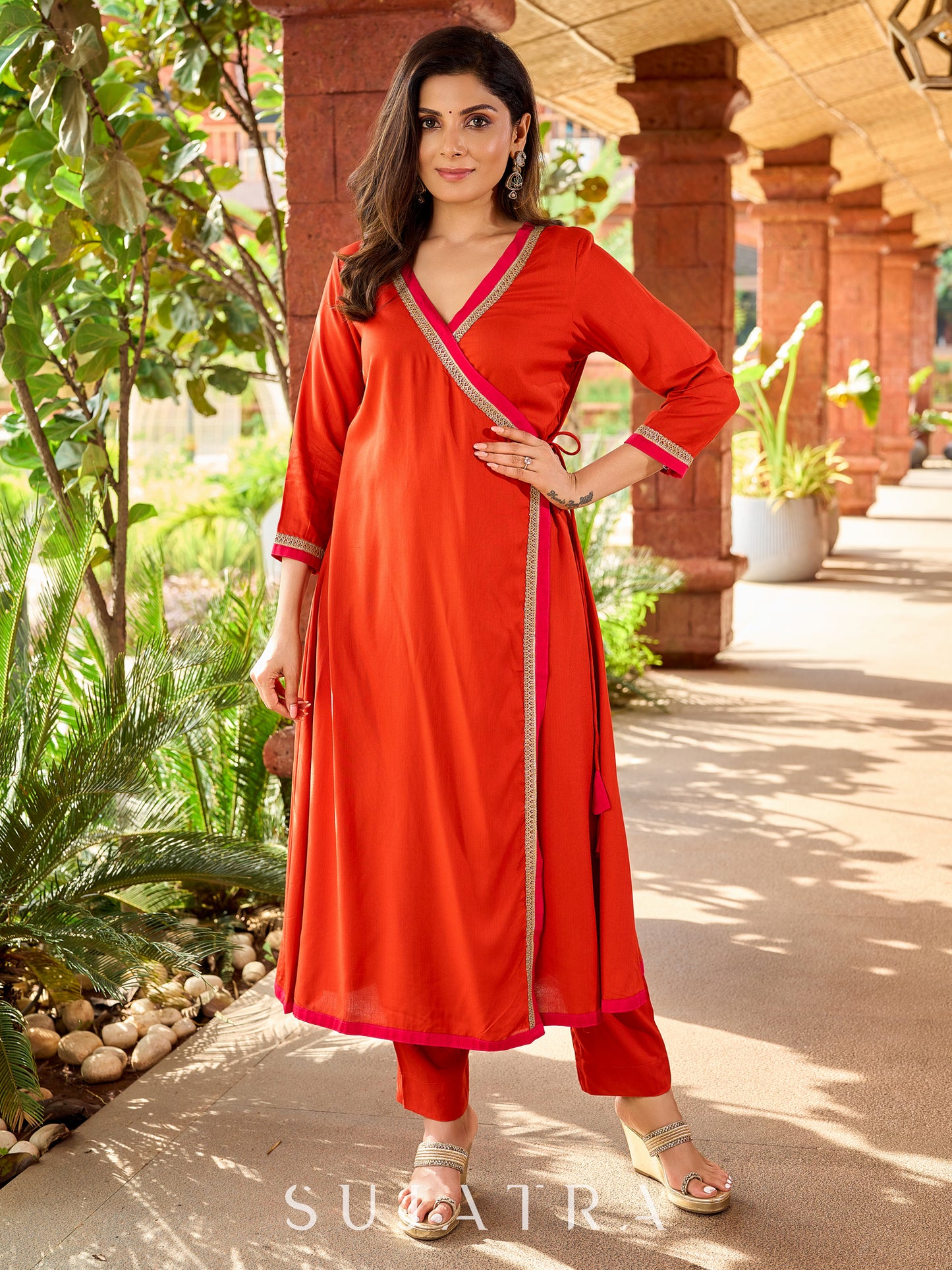 Beautiful Subtle orange A-line kurta with stylish overlapping front design -pant optional
