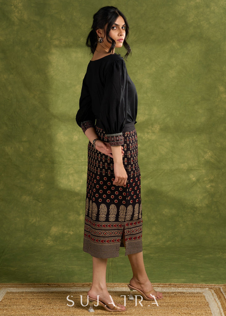 Black Cotton Top With Asymmetric Neck And Puffed Sleeves - Skirt Optional